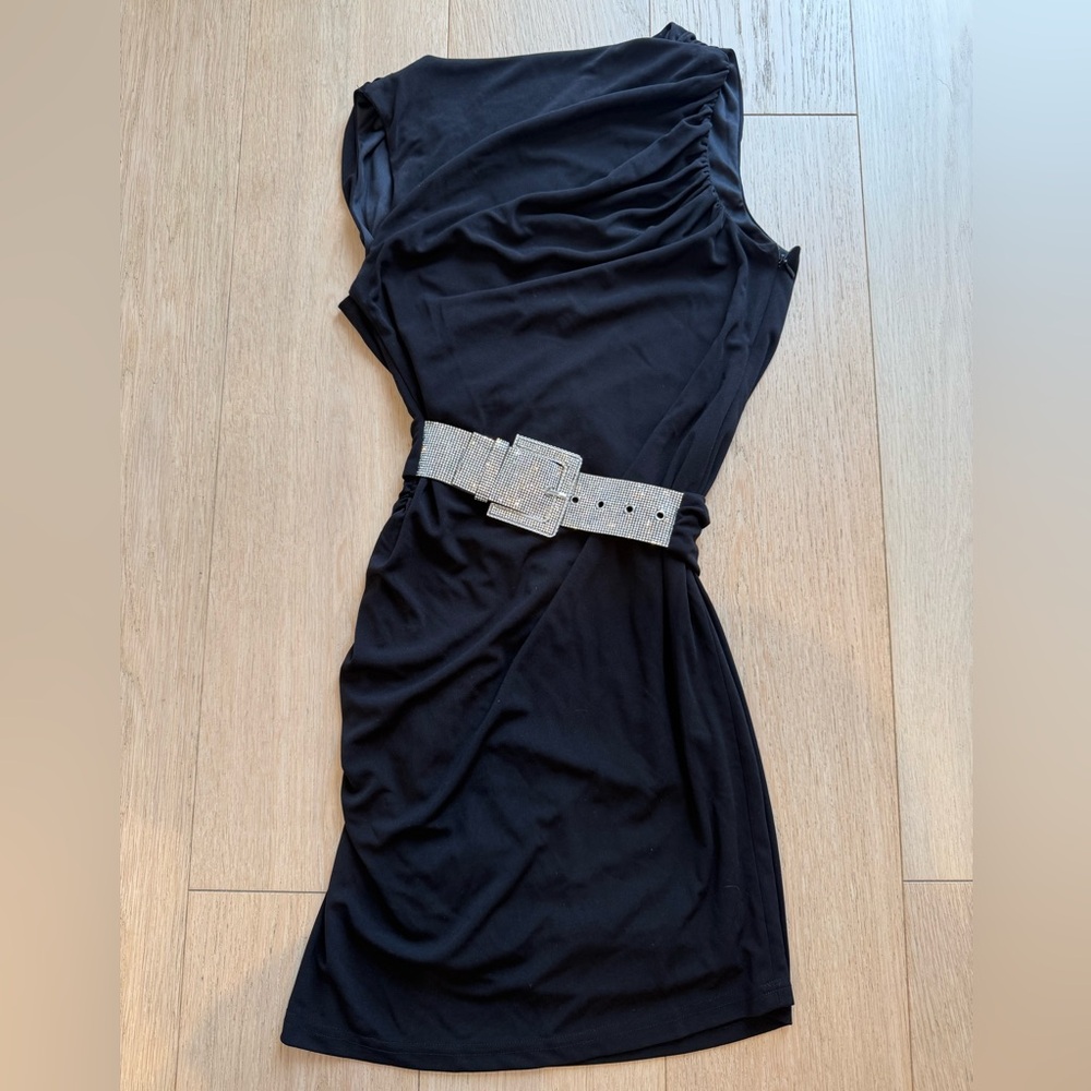 ZARA Black Ruched Cocktail Dress Rhinestone Belt Glam Party Dress - Picture 4 of 14